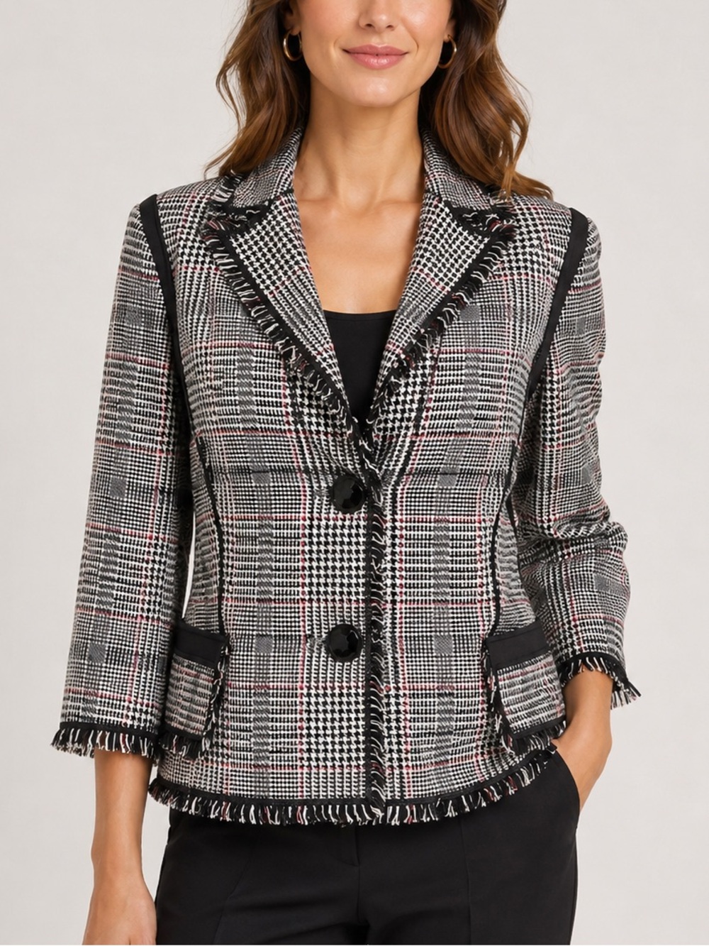 Etcetera Plaid Fringe Wool Blend Blazer Jacket Academia Preppy Career Size 8